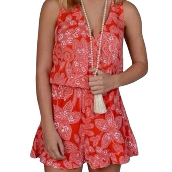 Show Me Your Mumu Riri Romper Aquarius Paisley Red & White Ruffle Leg Size L - Picture 1 of 13